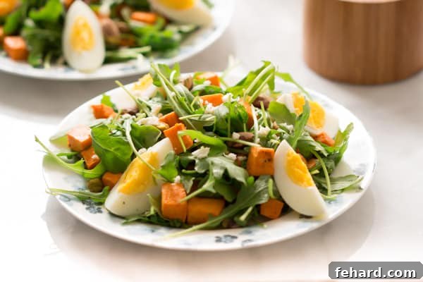 Close-up of Sweet Potato Arugula Salad ingredients