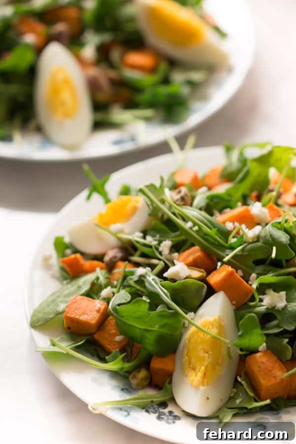 Serving of Sweet Potato Arugula Salad ready to eat