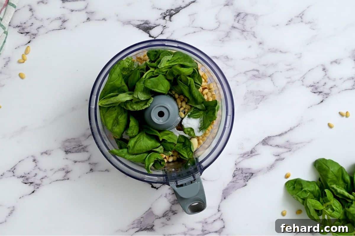 Ingredients for basil pesto, including basil, pine nuts, garlic, and cheese, in a food processor before blending.