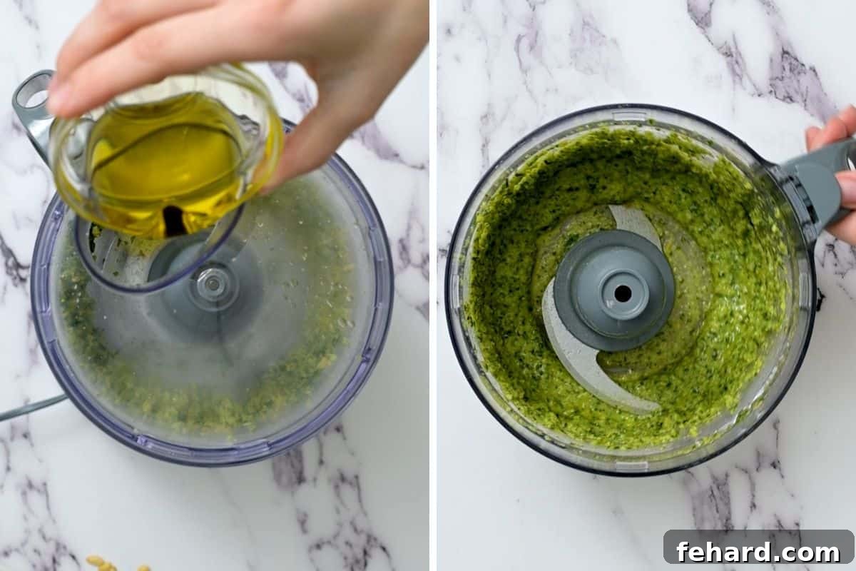 Side-by-side photo showing olive oil being drizzled into a food processor with pesto ingredients and the final smooth pesto.