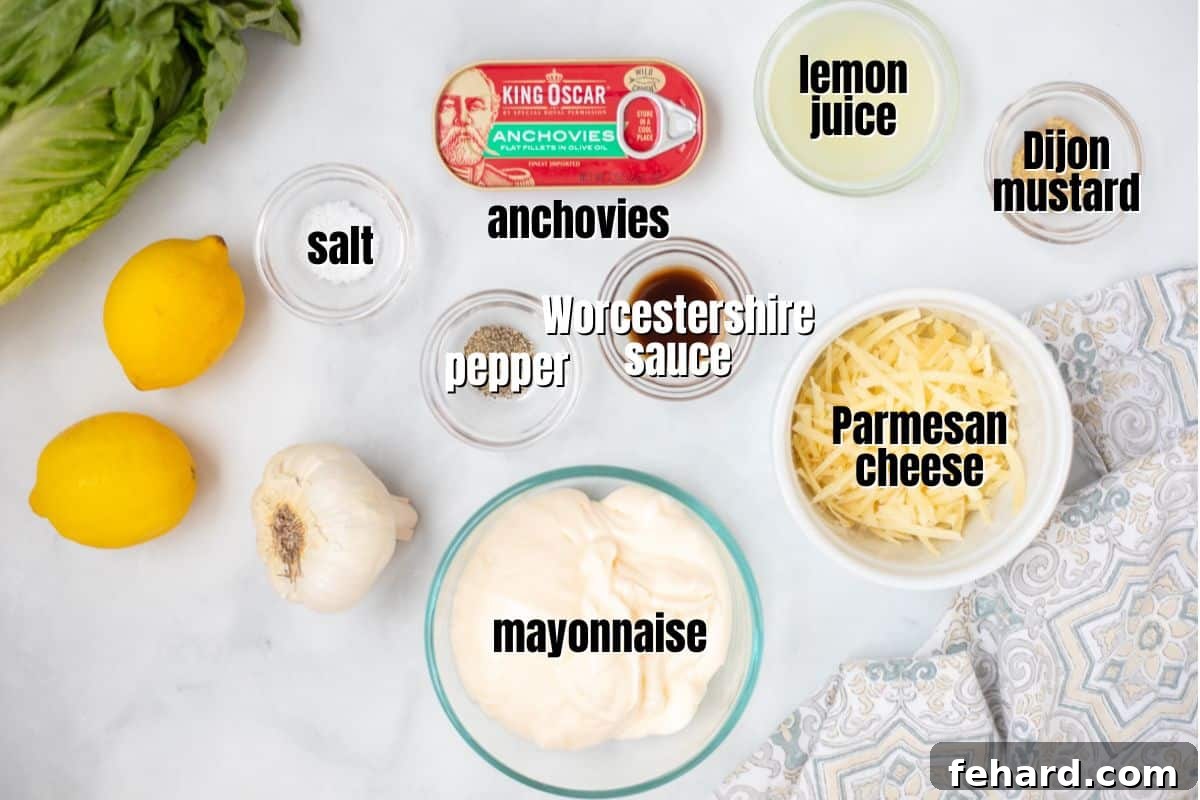 Caesar Salad Dressing Recipe Ingredients for Caesar Salad Dressing labeled on counter.