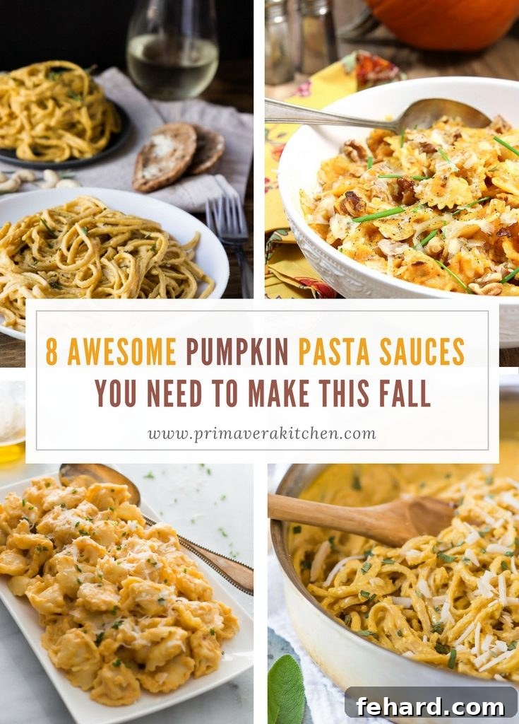 A photo collage of four exquisite pasta dishes featuring rich pumpkin sauces, with the central title '8 Awesome Pumpkin Pasta Sauces'.