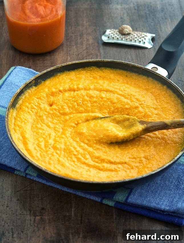 A rustic black skillet filled with a vibrant creamy pumpkin sauce made with yogurt, featuring a wooden spoon resting within.