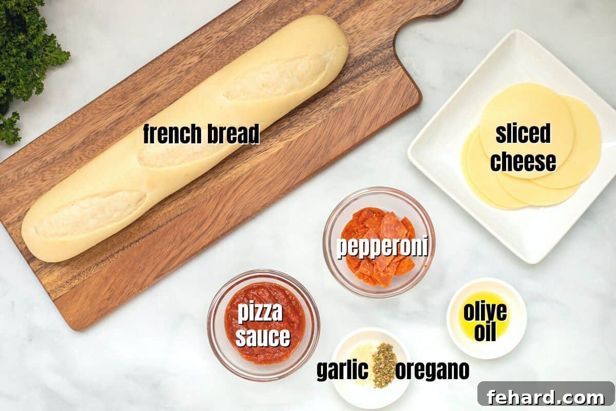 All the fresh ingredients laid out for making Air Fryer French Bread Pizza: French bread, olive oil, spices, pizza sauce, mozzarella cheese, and pepperoni.