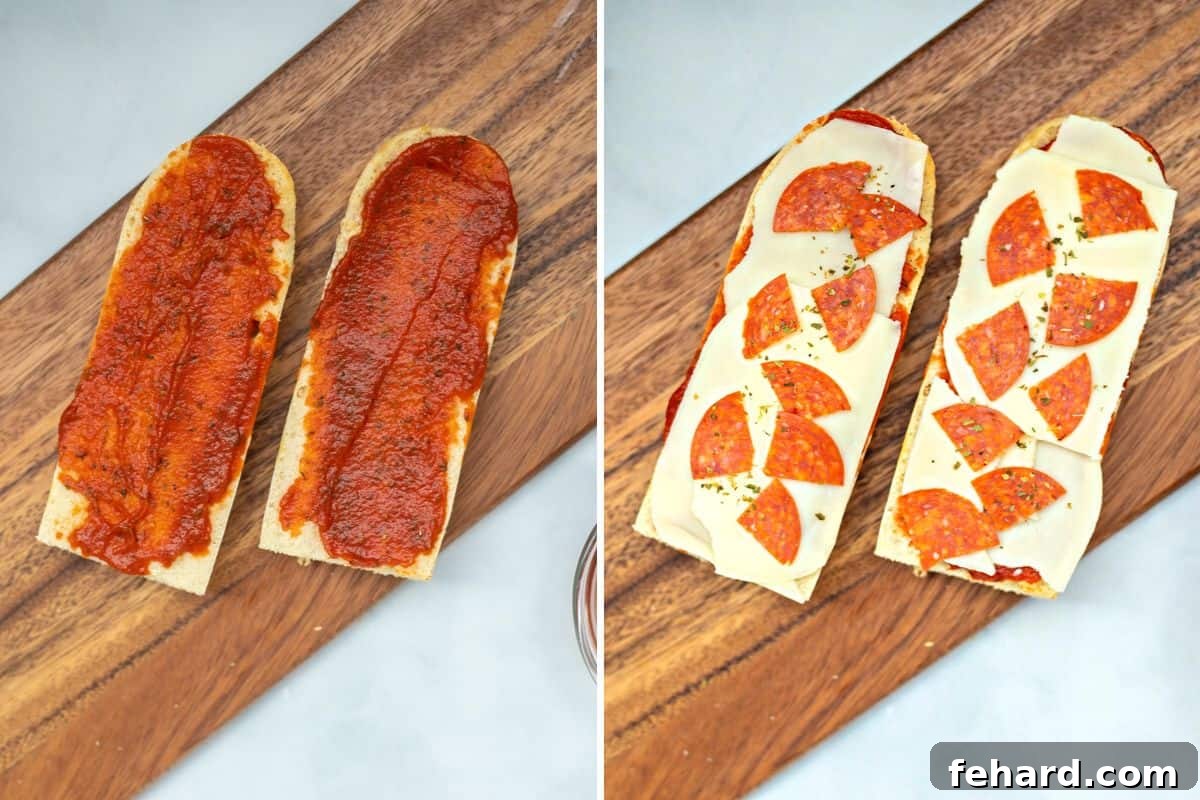 A side-by-side photo illustrating the assembly process: one piece of toasted French bread with pizza sauce being spread on it, and another piece already topped with cheese, ready for further toppings.