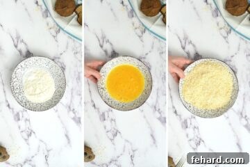 Three bowls for the breading station: flour, egg wash, and panko-coconut mixture.