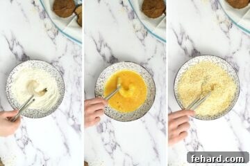 Visual steps showing shrimp being breaded in flour, then egg, and finally panko-coconut.