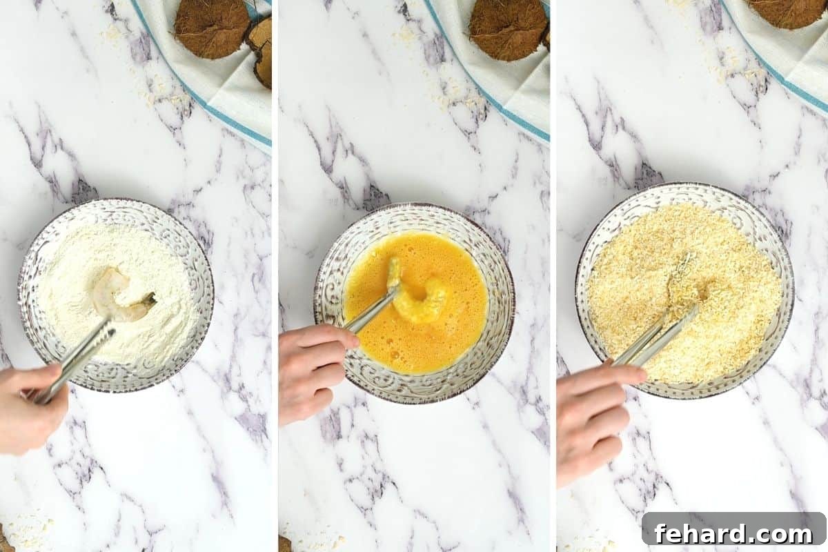 A step-by-step visual guide showing shrimp being breaded in flour, then egg, and finally coated with the panko and coconut mixture.