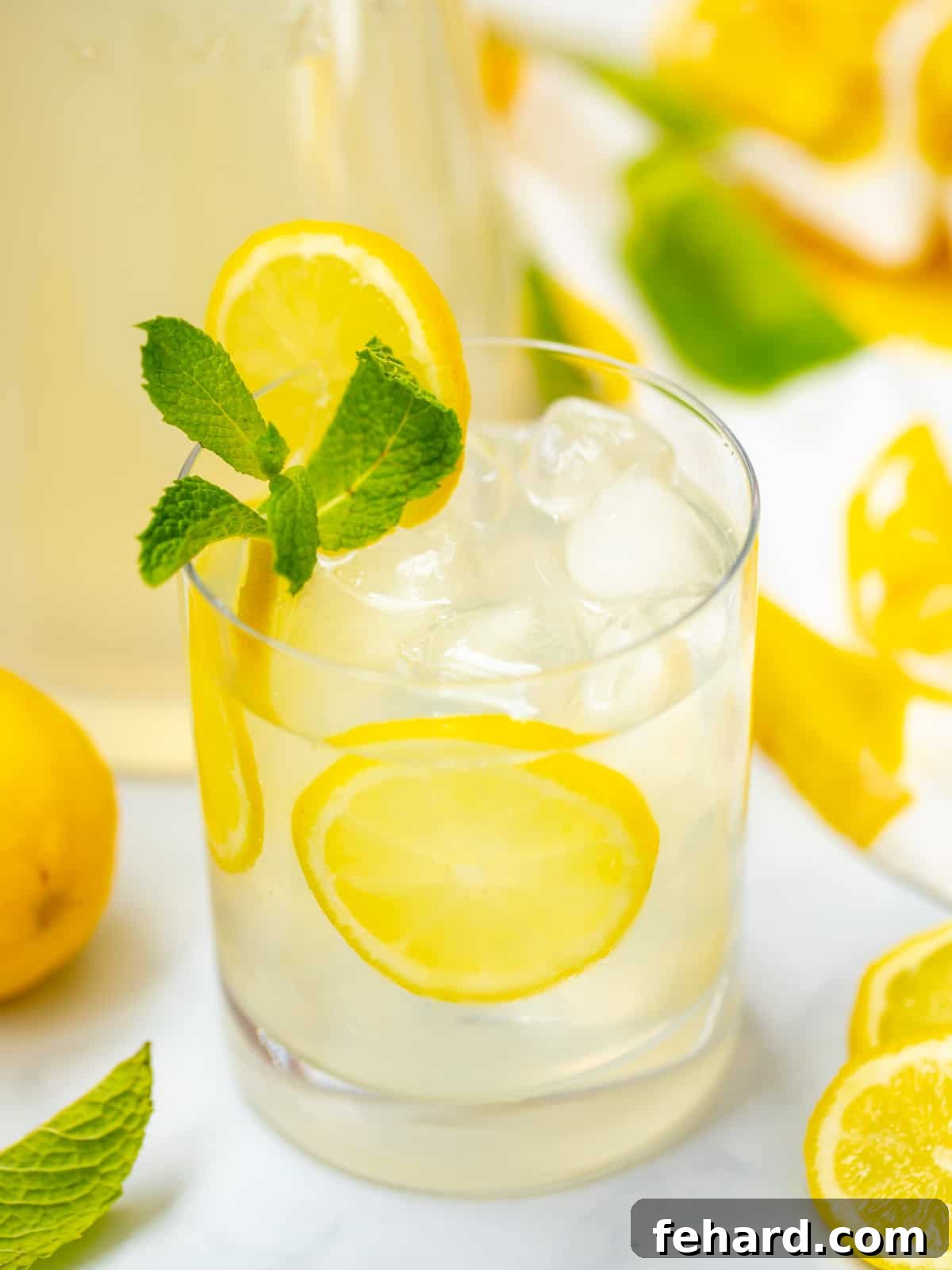 Zesty Mint Lemonade 2 Glass of mint lemonade with sliced lemon and fresh mint next to fresh lemons.
