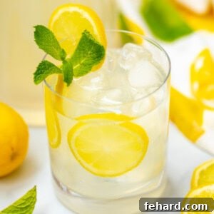 Glass of mint lemonade garnished with sliced lemon and fresh mint.