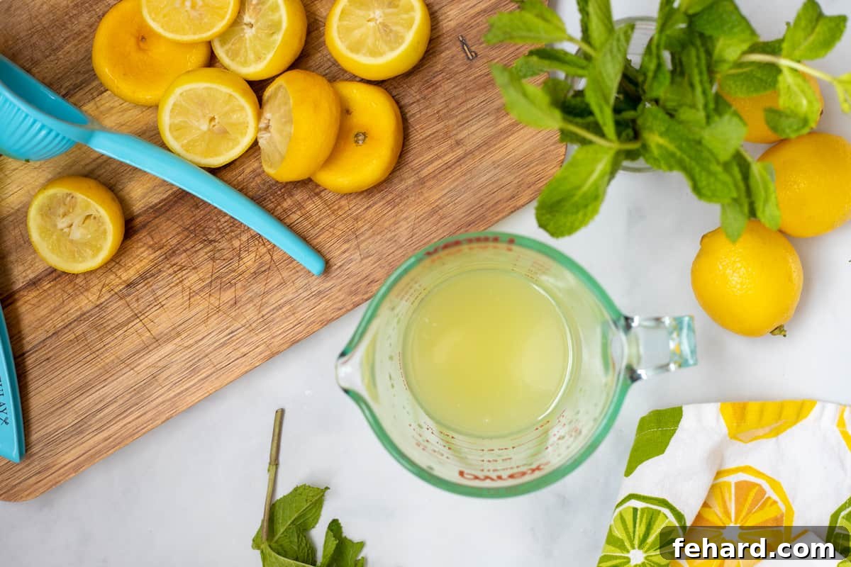 How to Make Homemade Lemonade with Mint Pyrex glass measuring cup with fresh lemon juice next to cut lemons and a blue juicer.
