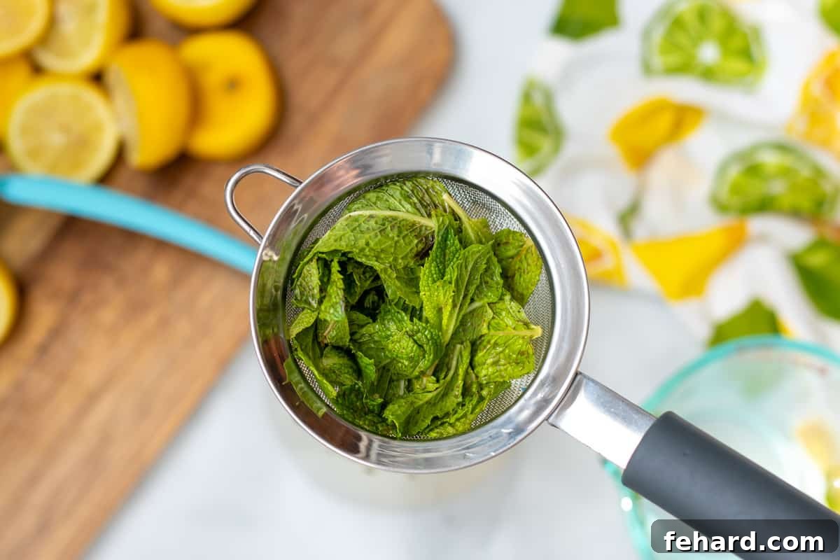 Fresh Mint Lemonade Mint leaves being strained out of fresh mint simple syrup into a glass pitcher.
