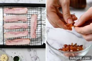 Side by side photo showing 6 slices of bacon on baking rack next to photo showing bacon being breaked into bite-sized pieces once baked and cooled.