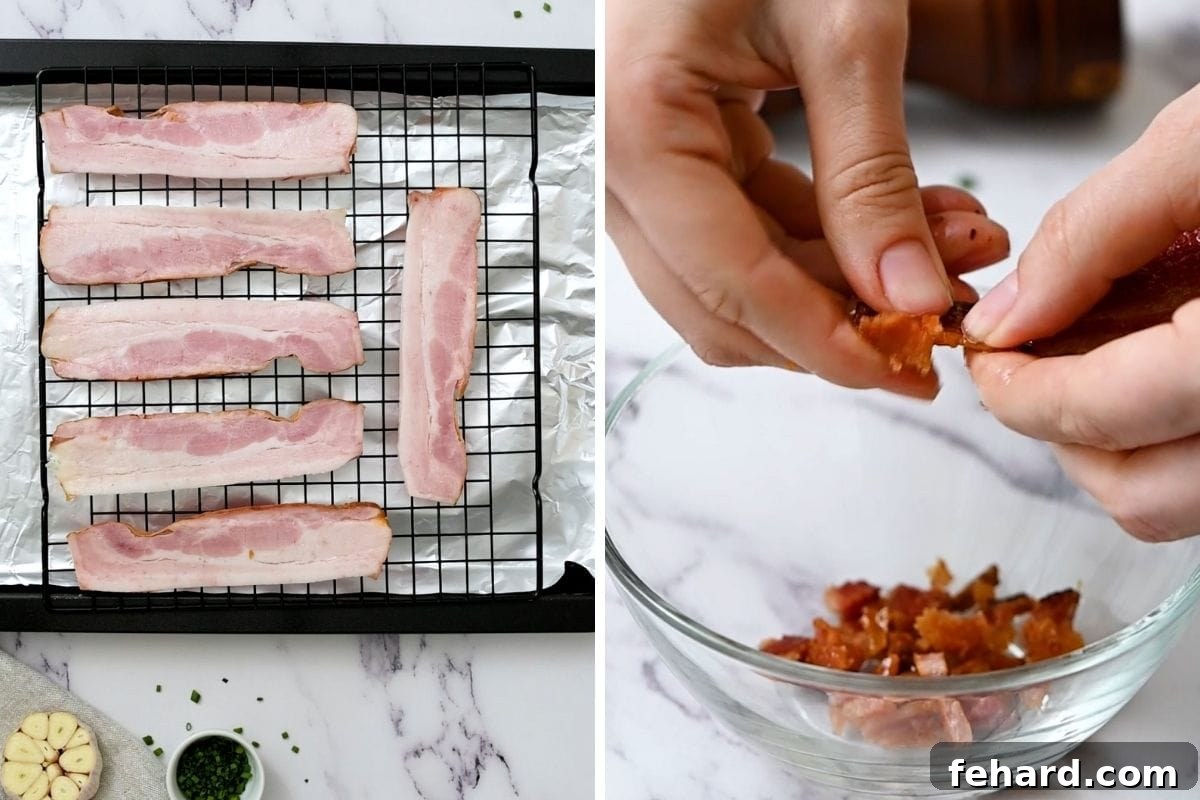 Side by side photo showing 6 slices of bacon on baking rack next to photo showing bacon being breaked into bite-sized pieces once baked and cooled.