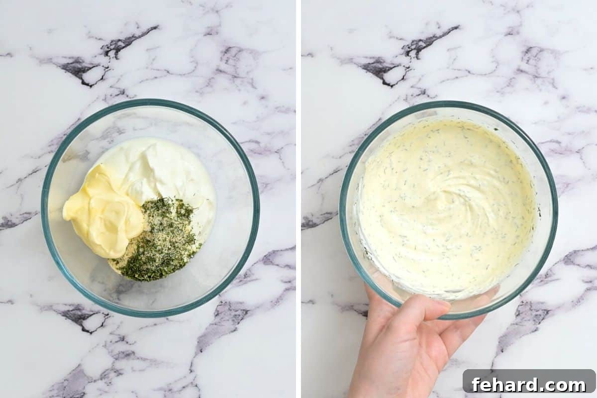 Side by side bowl before and after mixing together ranch dressing for potato salad.