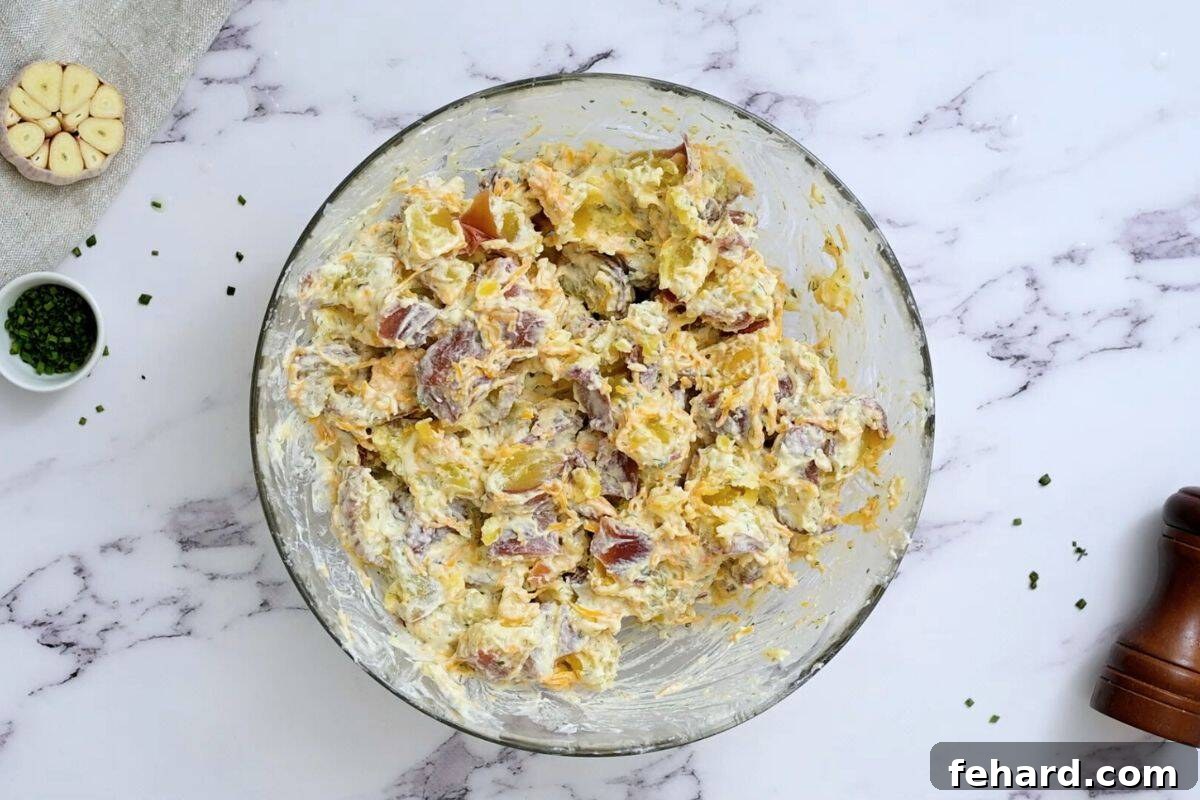 Red potato salad dressed with homemade ranch dressing.