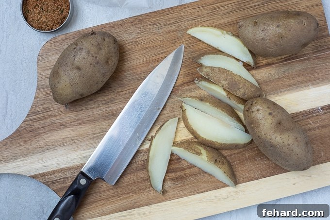 Cutting board showing a cooked potato being sliced into even wedges for Jojo potatoes.