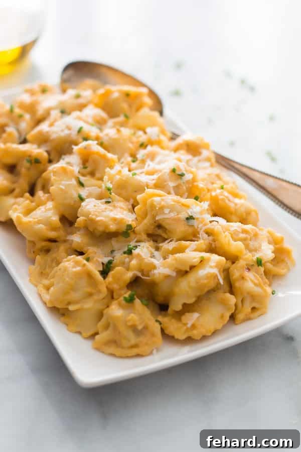 Tortellini with a rich pumpkin sauce, served in a rustic bowl.