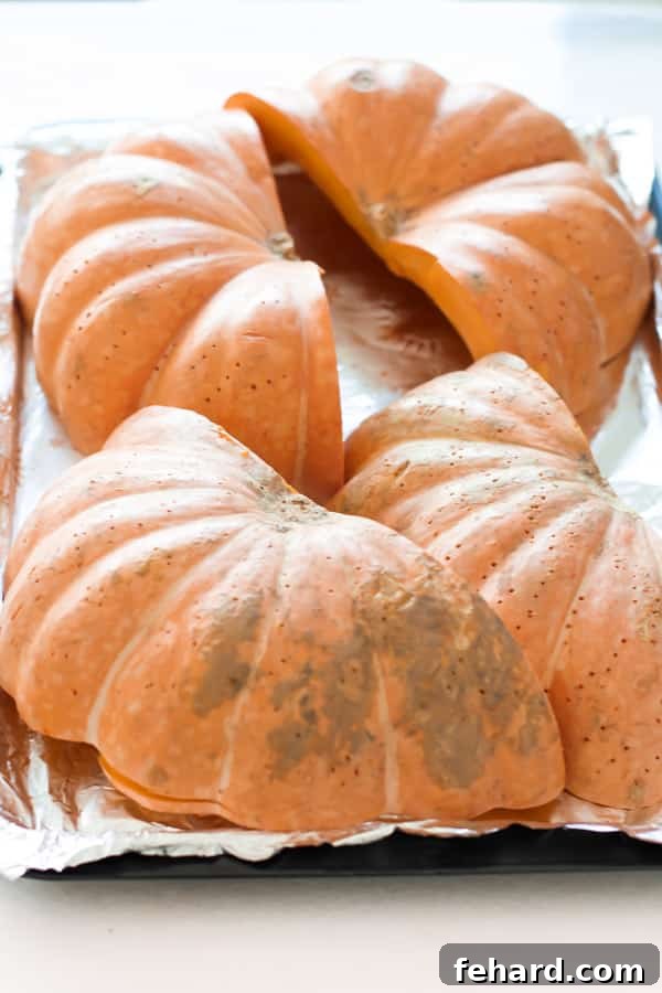 Roasted pumpkin wedges cooling on a baking sheet after being removed from the oven.
