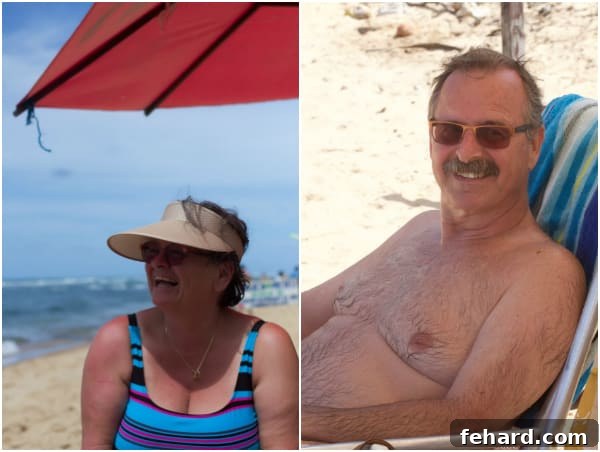 The author's beloved parents-in-law, affectionately called 'Canadian parents,' smiling brightly at Praia do Forte.