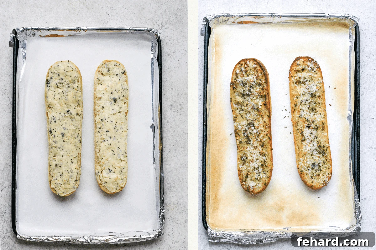 Left: baguette cut in half and buttered. Right: baked garlic bread with garnish added.