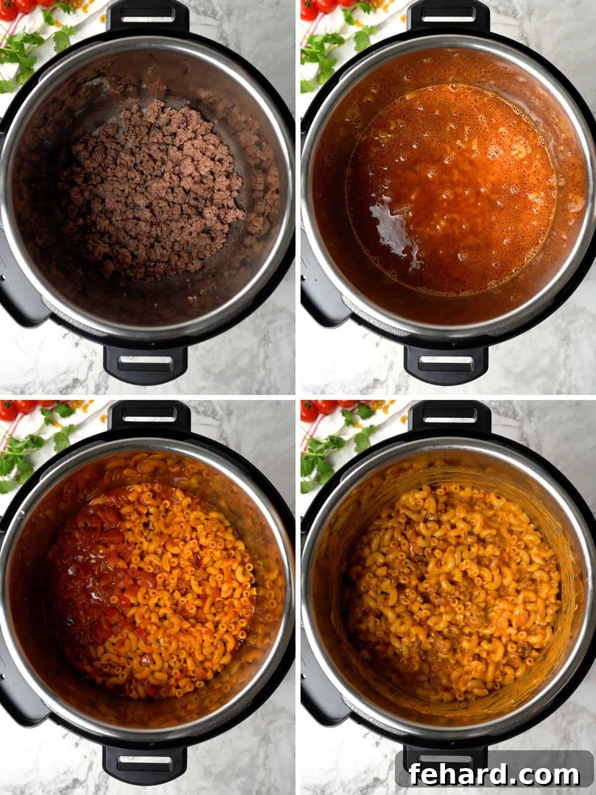 Instant Pot Taco Pasta Recipe Steps A visual collage showcasing the step-by-step process of making Instant Pot Taco Pasta, from browning meat to the final cheesy mix.