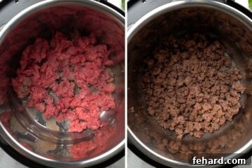 Side by side photo of meat before and after browning.