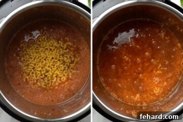 Side by side photo showing adding noodles before and after submerging in broth.