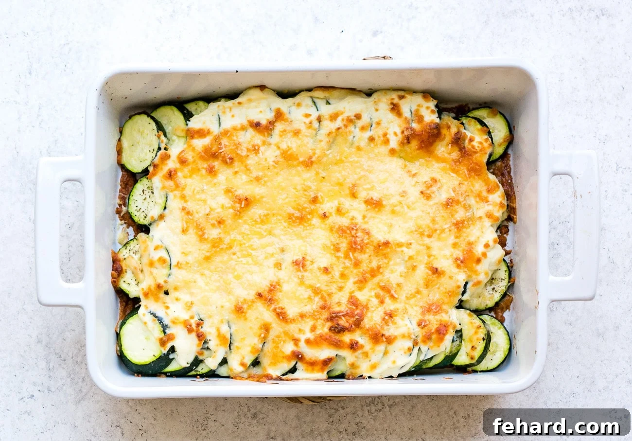 Golden Zucchini Gratin 8 Casserole in a large, white baking dish.