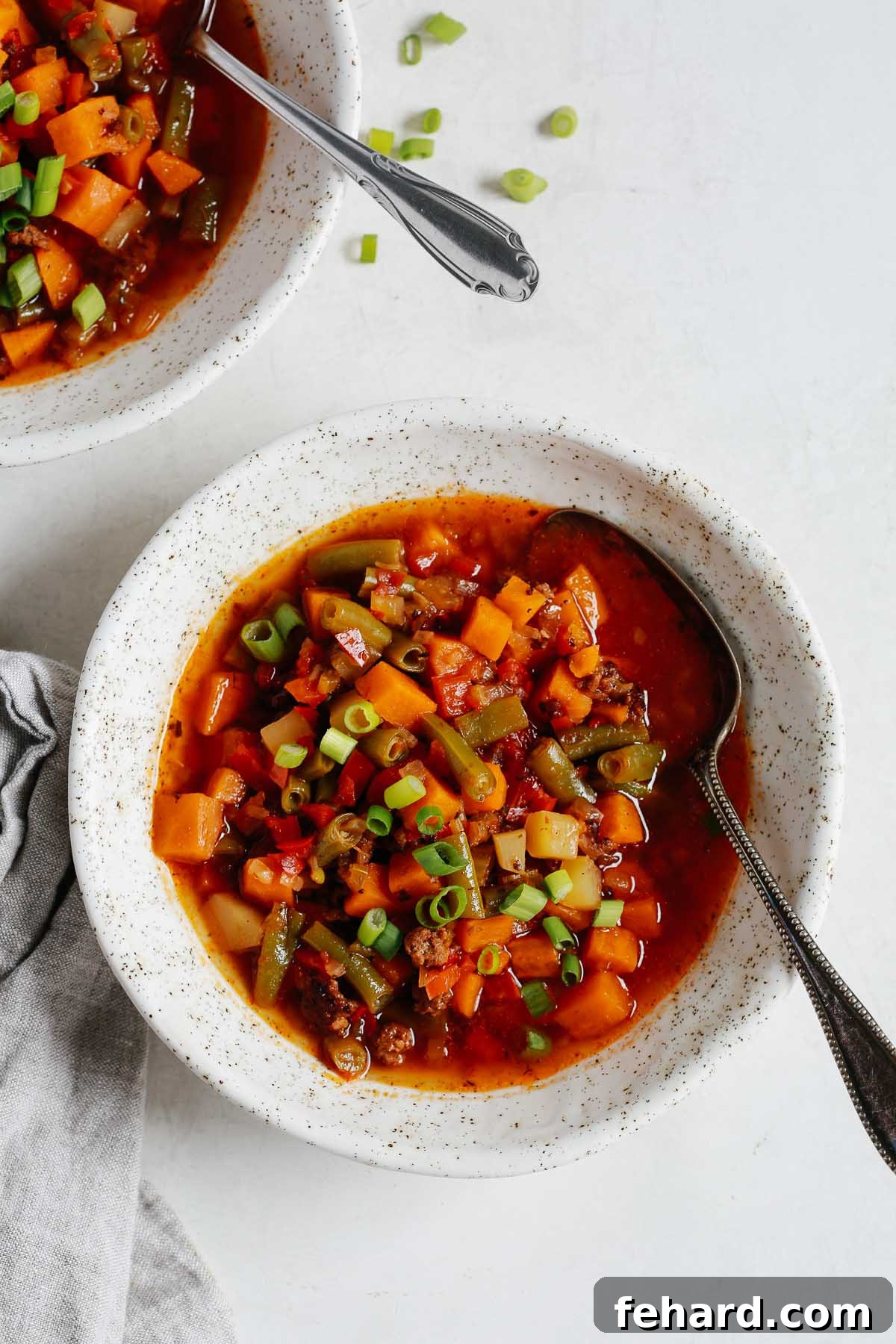 A comforting bowl of ground beef vegetable soup, garnished with fresh herbs, ready to be enjoyed.