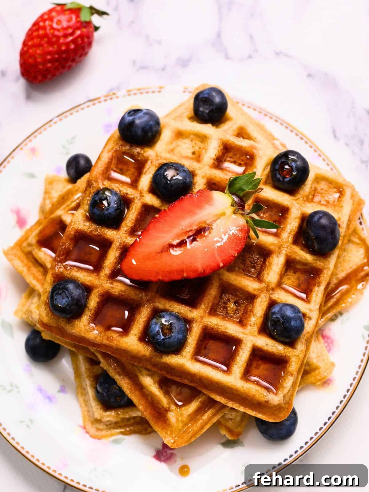 Delicious Whole Wheat Waffles with Berries Three golden brown whole wheat waffles on a white plate, generously topped with fresh berries and a drizzle of maple syrup.