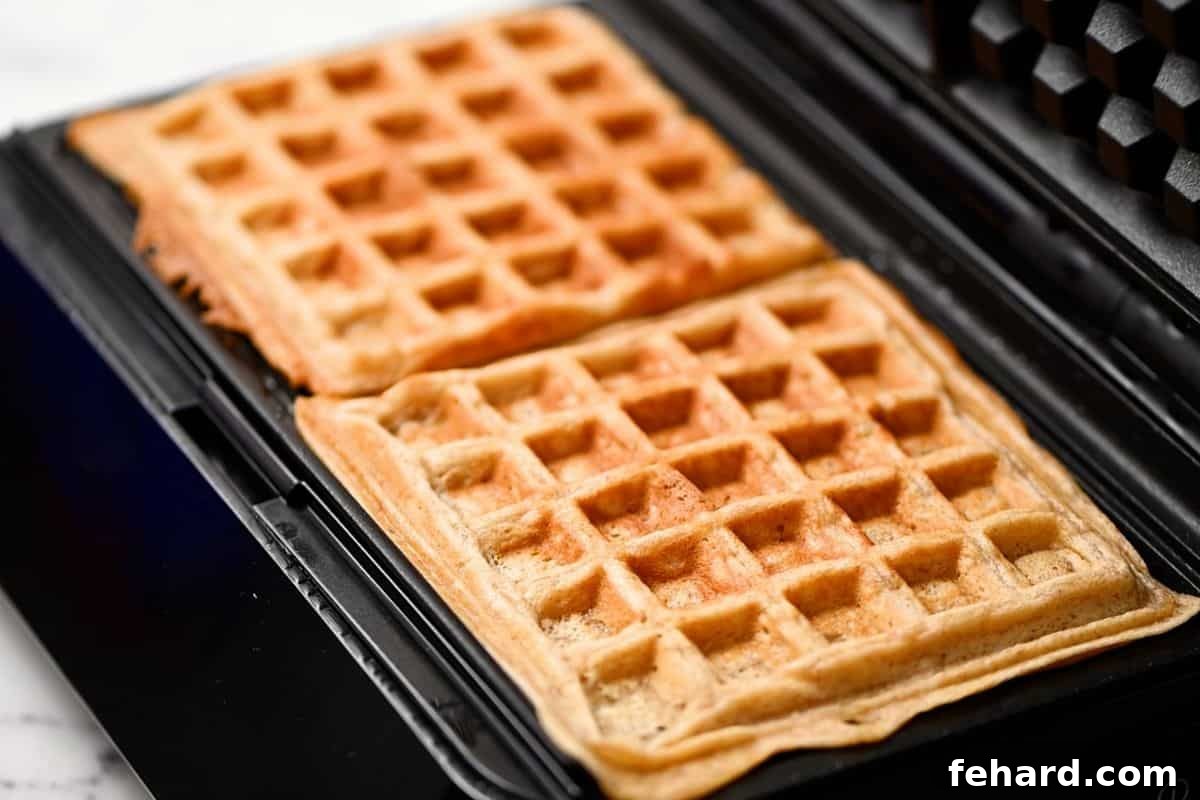 Freshly Cooked Homemade Wheat Waffles Two perfectly cooked, golden-brown whole wheat waffles still on the waffle iron, ready to be removed.