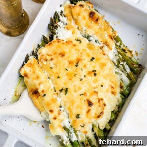 Asparagus casserole in a white baking dish.