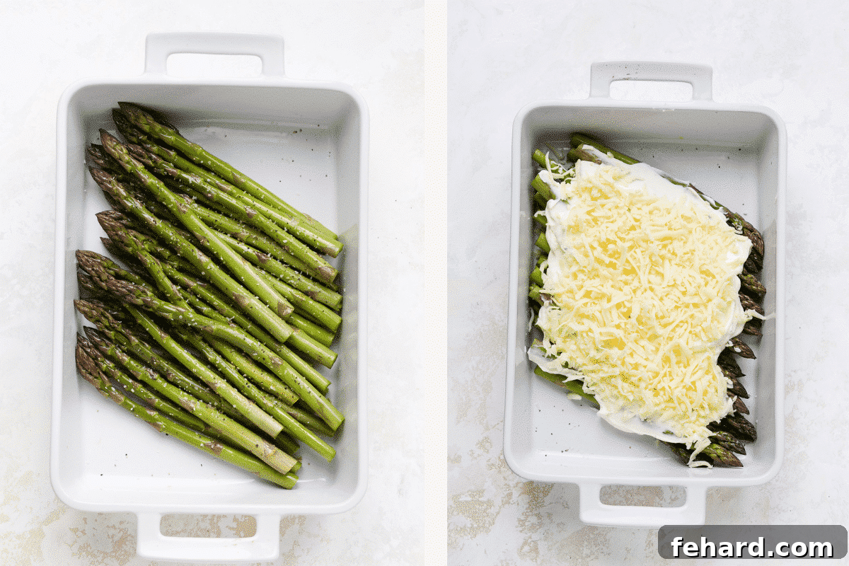 Golden Asparagus Gratin 5 Left: Seasoned asparagus in a baking dish. Right: Asparagus covered in creamy cheese sauce and shredded mozzarella.