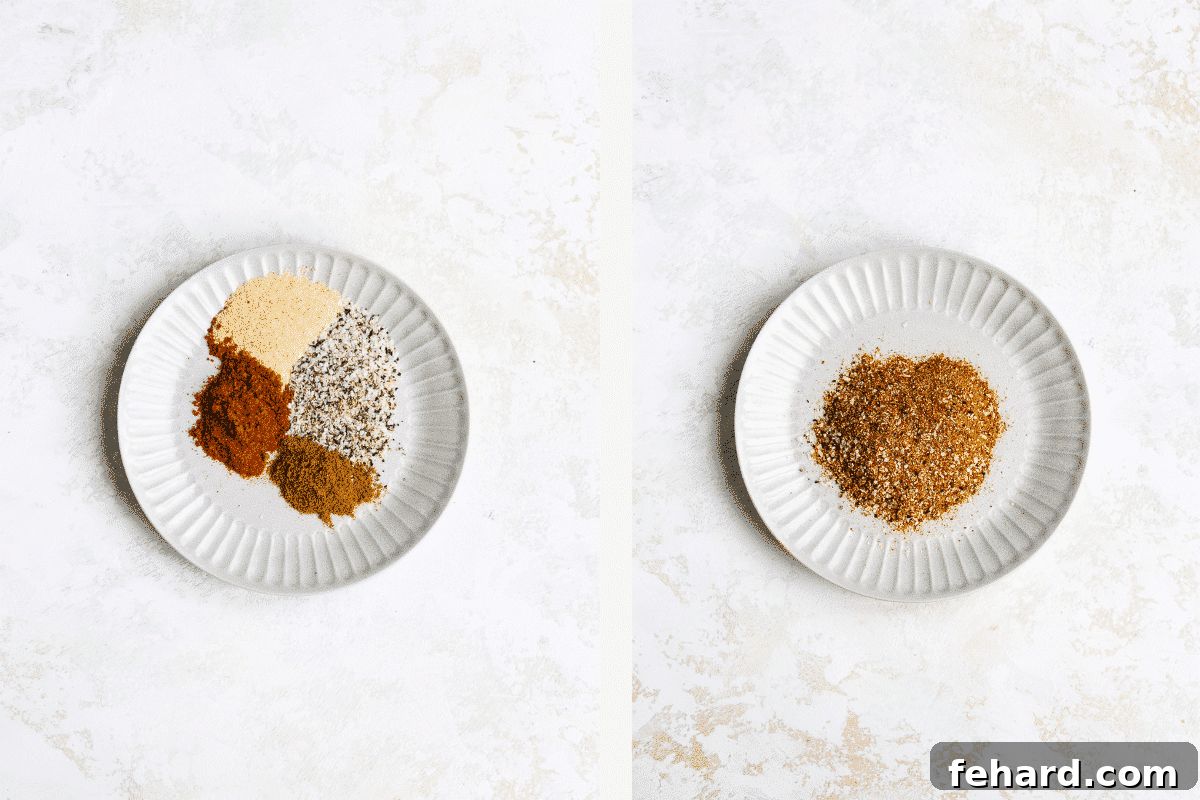 Golden Crispy Air Fryer Pork Chops 4 Left: Various spices measured into individual piles in a bowl. Right: The spices fully mixed together into a vibrant seasoning rub.