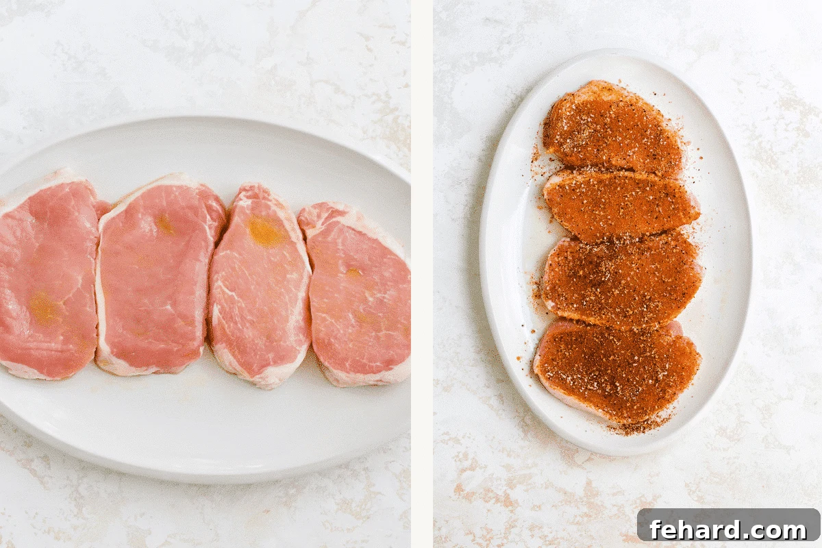 Golden Crispy Air Fryer Pork Chops 5 Left: Raw pork chops freshly brushed with olive oil. Right: The same pork chops, now thoroughly coated with a rich spice rub.