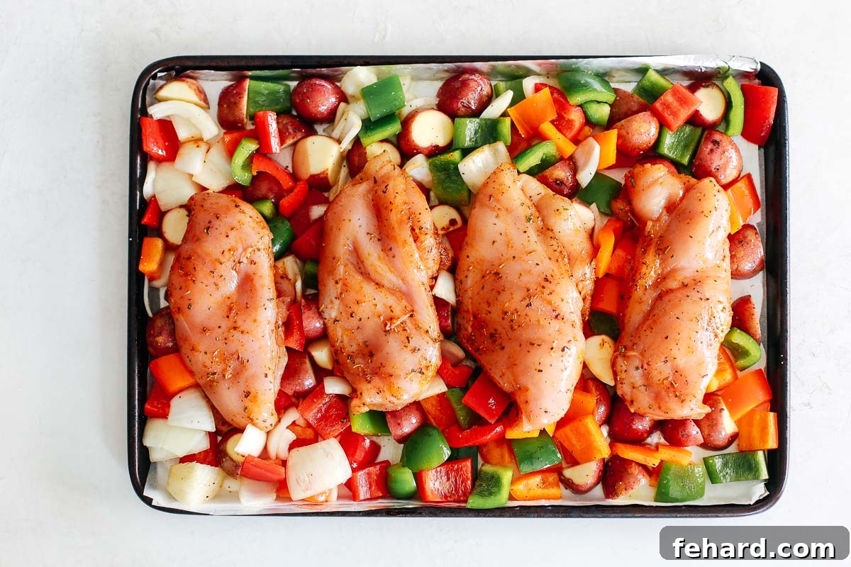 Chicken breasts and vegetables arranged on a sheet pan, ready for baking.