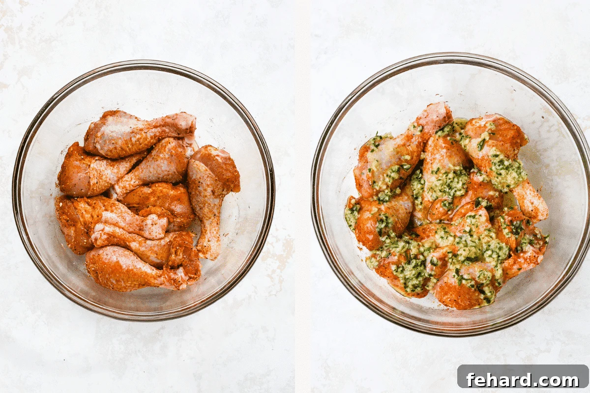 Irresistible Garlic Butter Chicken Legs 5 Left: seasoned drumsticks in bowl. Right: garlic butter added to seasoned drumsticks.