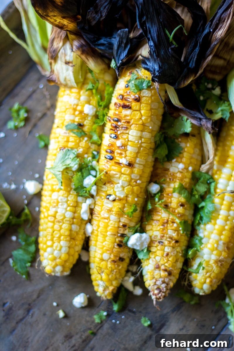 Grilled Corn on the Cob: The Ultimate Summer Side Platter of perfectly grilled corn on the cob, garnished with fresh cilantro lime butter and a sprinkle of queso fresco, ready to be served at a summer barbecue.