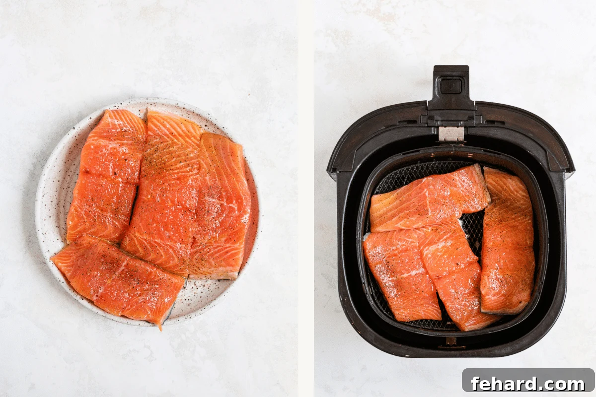 Left image shows seasoned salmon fillets on a plate ready for cooking. Right image shows the fillets perfectly arranged in an air fryer basket, ready to be cooked.