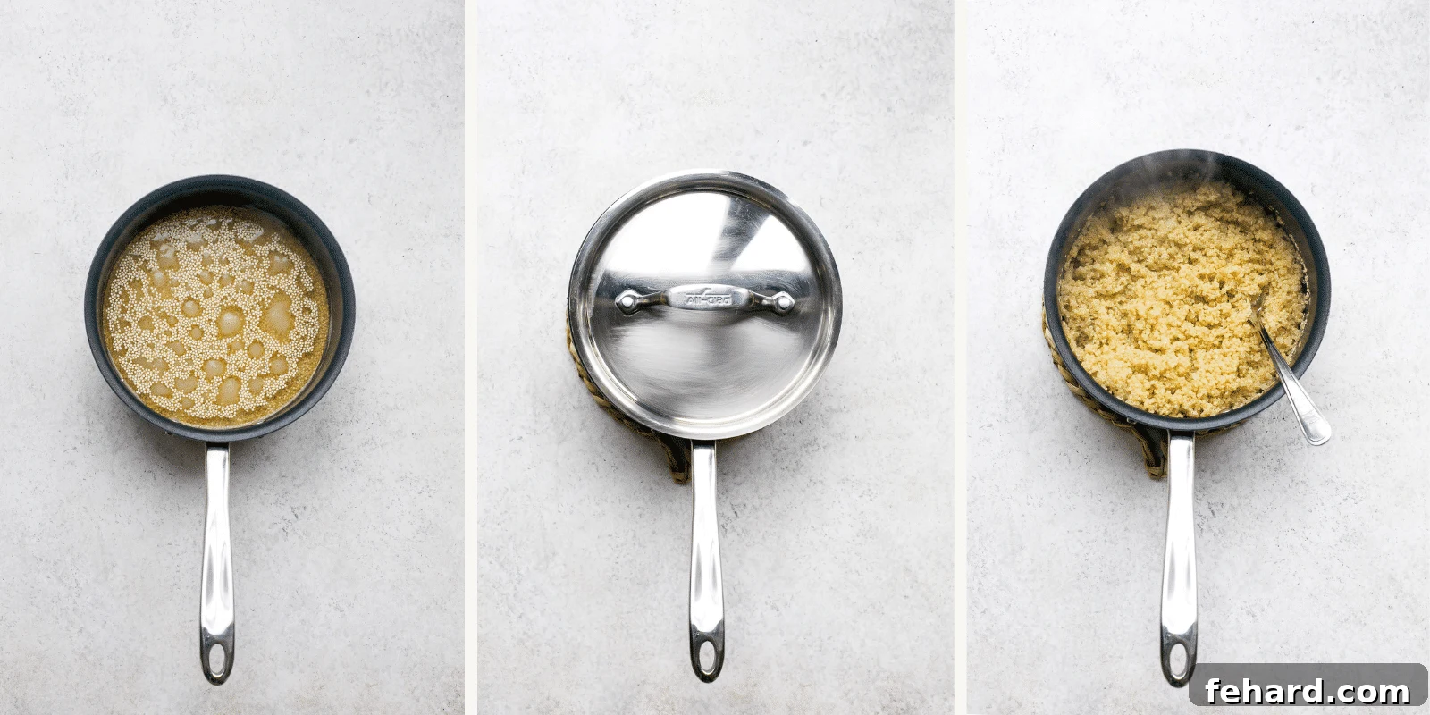 A three-panel image: Left shows quinoa boiling in water, middle shows a lidded saucepan simmering, right shows perfectly cooked and fluffed quinoa in the saucepan.