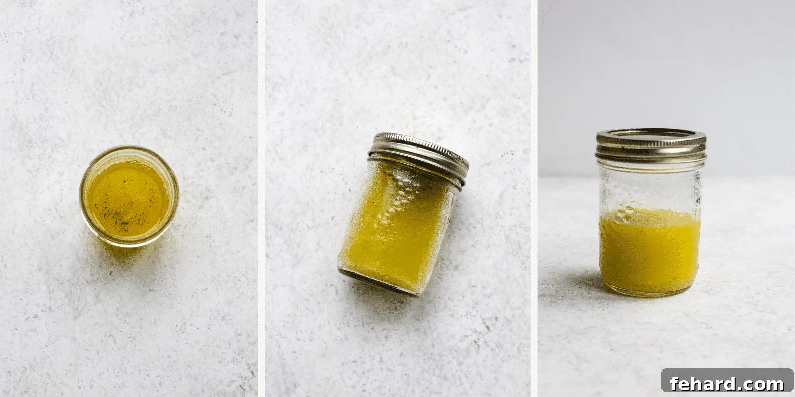 A close-up image showing the process of making salad dressing in a small mason jar, with ingredients being whisked or shaken to emulsify.