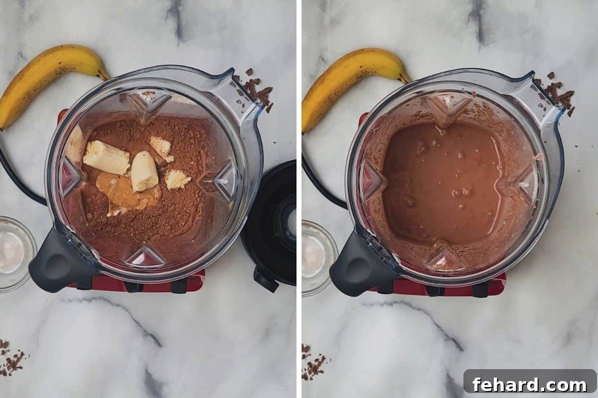 A side-by-side comparison illustrating the blender before and after blending the ingredients for the peanut butter chocolate smoothie. The 'before' side shows layered ingredients, while the 'after' side displays a perfectly smooth, creamy, and uniform blend.