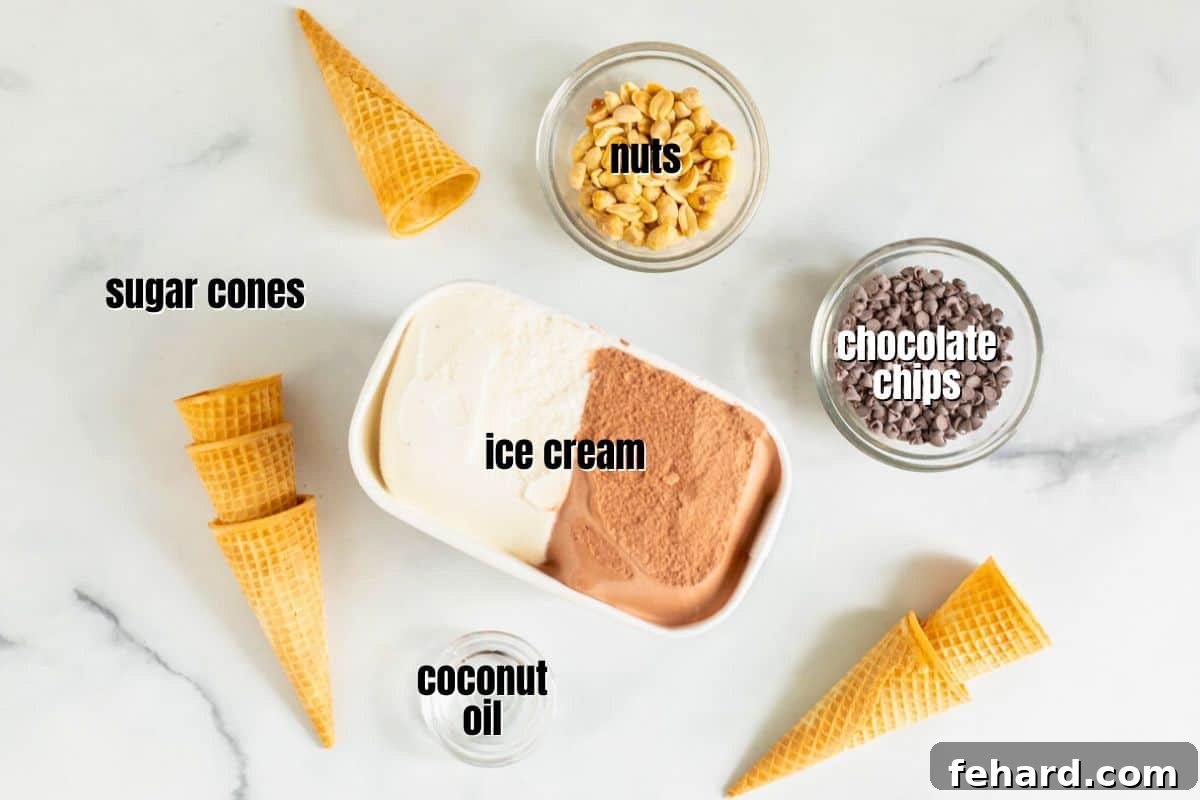 Copycat Ice Cream Drumstick Cones Ingredients Ingredients for homemade ice cream drumsticks laid out on a kitchen counter, including cones, ice cream, chocolate, coconut oil, and peanuts.