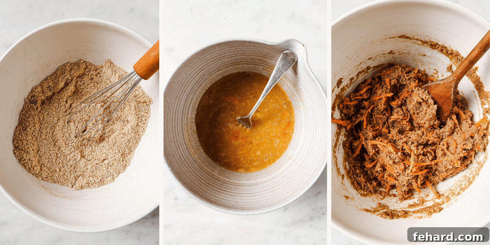 Wholesome Gluten-Free Carrot Muffins 4 Left: a bowl of dry ingredients. Center: a bowl of wet ingredients. Right: a bowl showing the combined wet and dry ingredients mixed together, with carrots folded in.