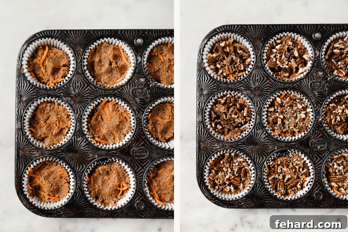 Wholesome Gluten-Free Carrot Muffins 5 Left: uncooked muffin batter poured into muffin liners, ready for the oven. Right: chopped pecans sprinkled evenly on top of each muffin cup, adding a delicious garnish.