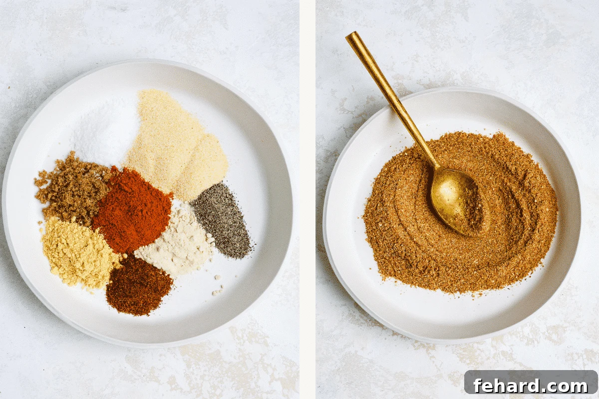 Grill Master Blend 4 2 photos side by side: photo on the right contains all the ingredients. photo on the left shows all the ingredients mixed on a white plate.