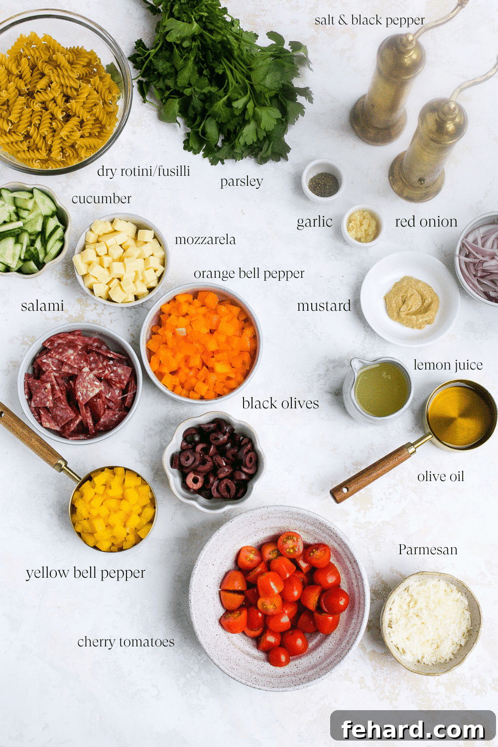 Overhead view of all the ingredients to make Italian Pasta Salad Recipe 