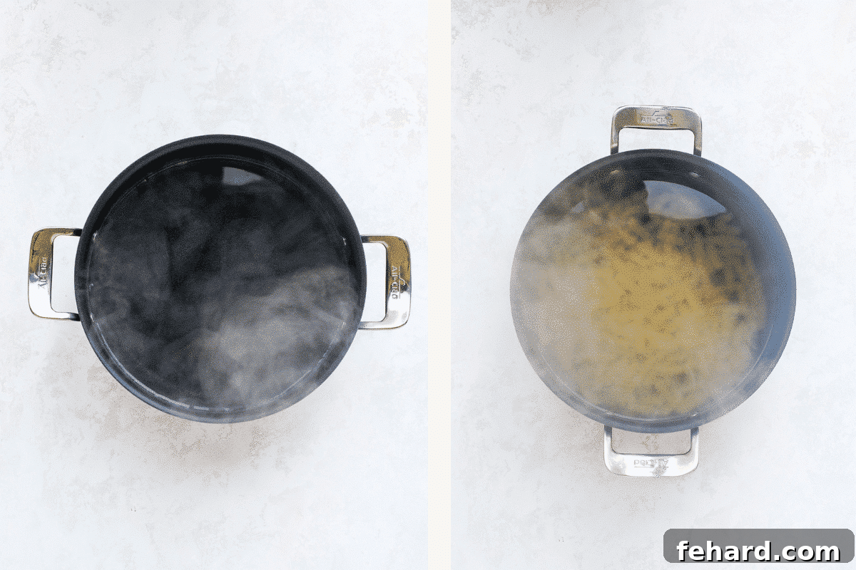 a set of two photos of boiling water and pasta. 