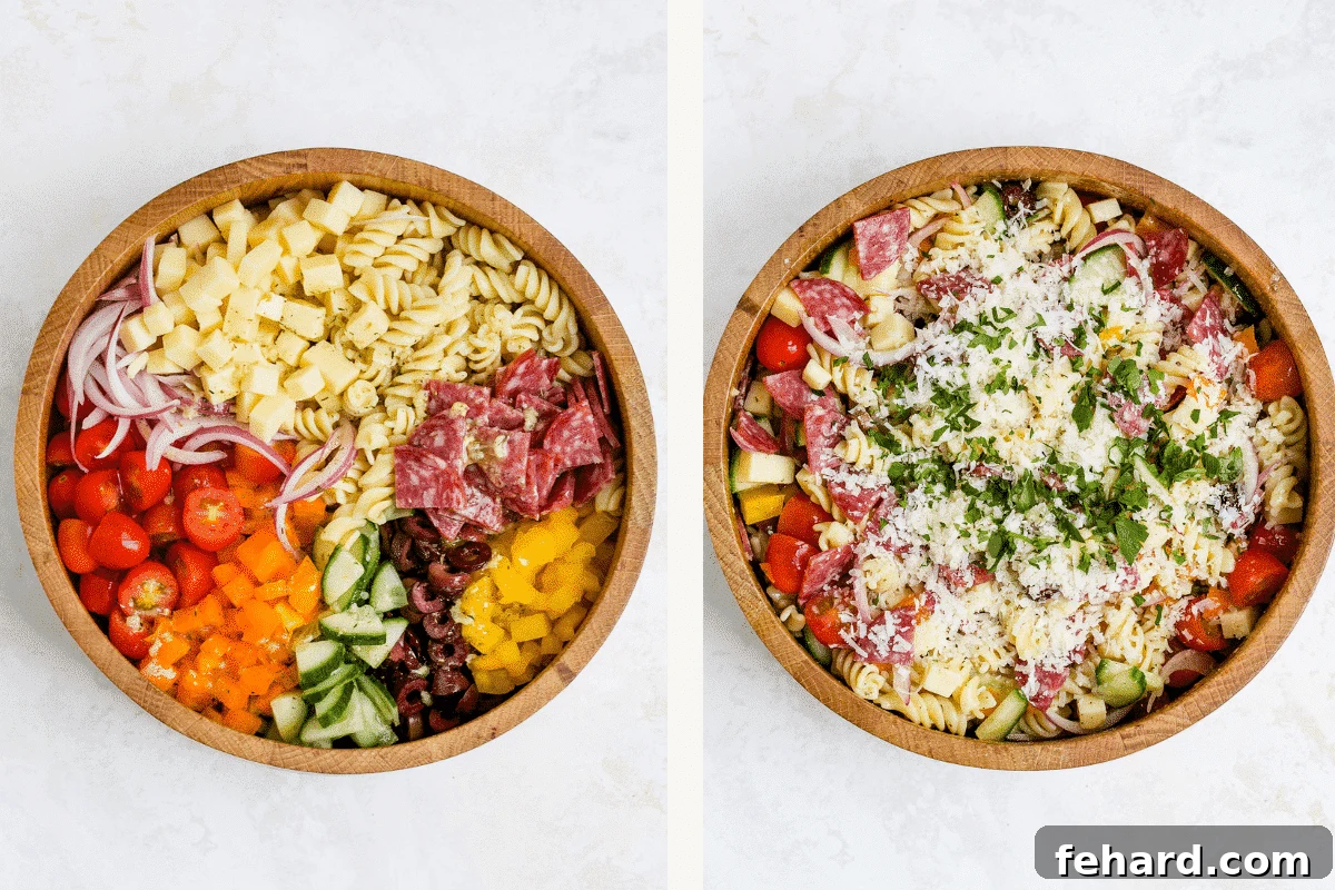 a set of two photos of Italian Pasta Salad recipe